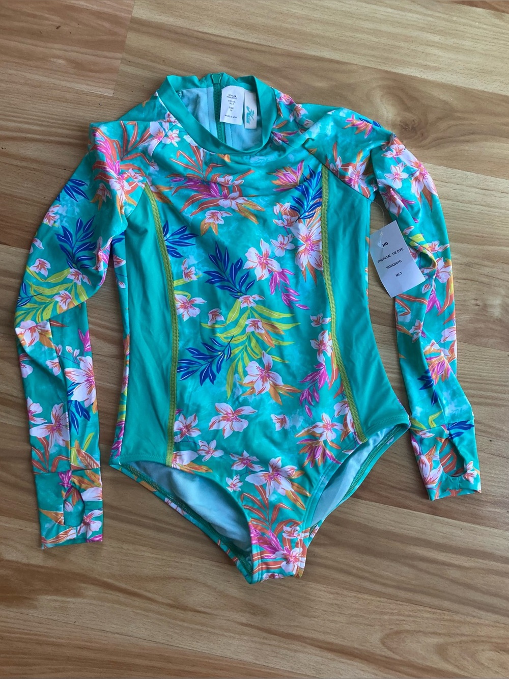 Long Sleeve Floral Turquoise One-Piece Swimsuit by Hobie 10